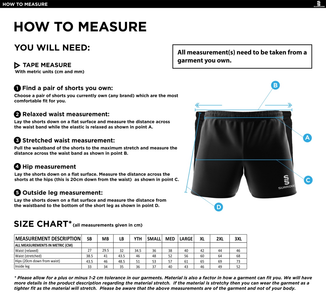 Electricity Sports CC - Dual Shorts - Size Guide