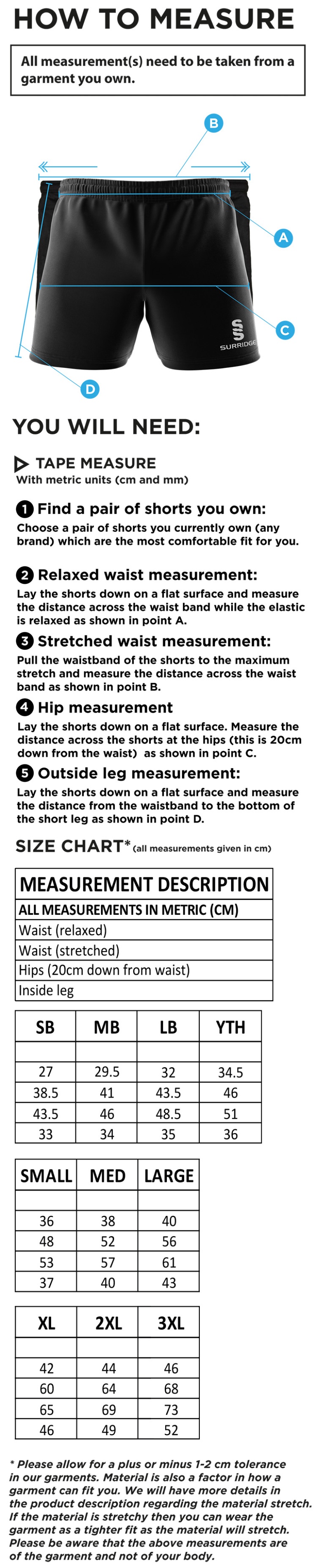 Electricity Sports CC - Dual Shorts - Size Guide
