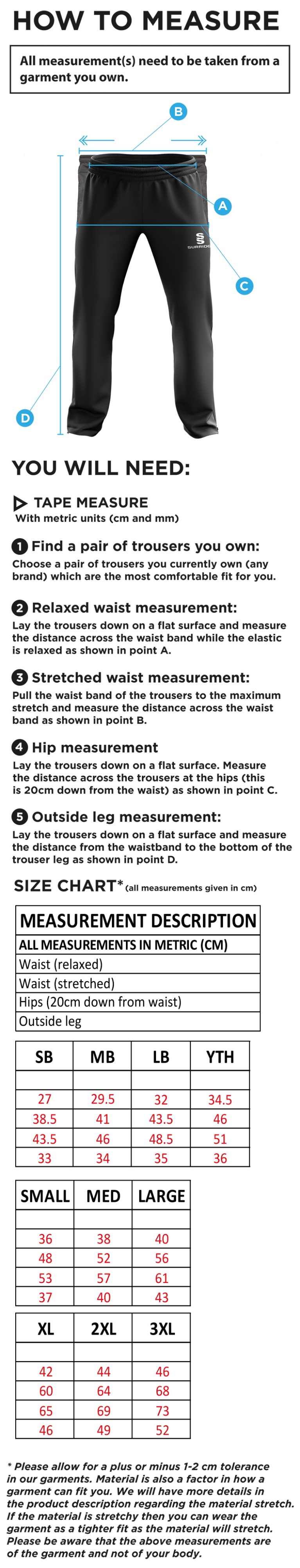 Electricity Sports CC - Ripstop Track Pant - Size Guide
