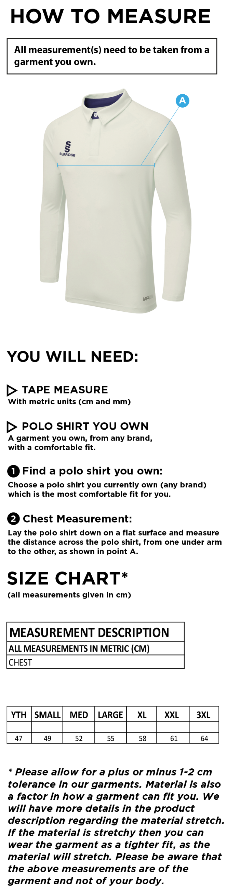 Electricity Sports CC - Ergo Long Sleeve Cricket Shirt - Size Guide