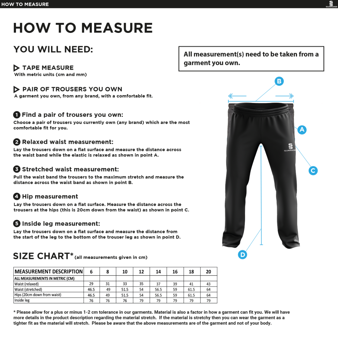 Electricity Sports CC - Women's Poplin Track Pant - Size Guide