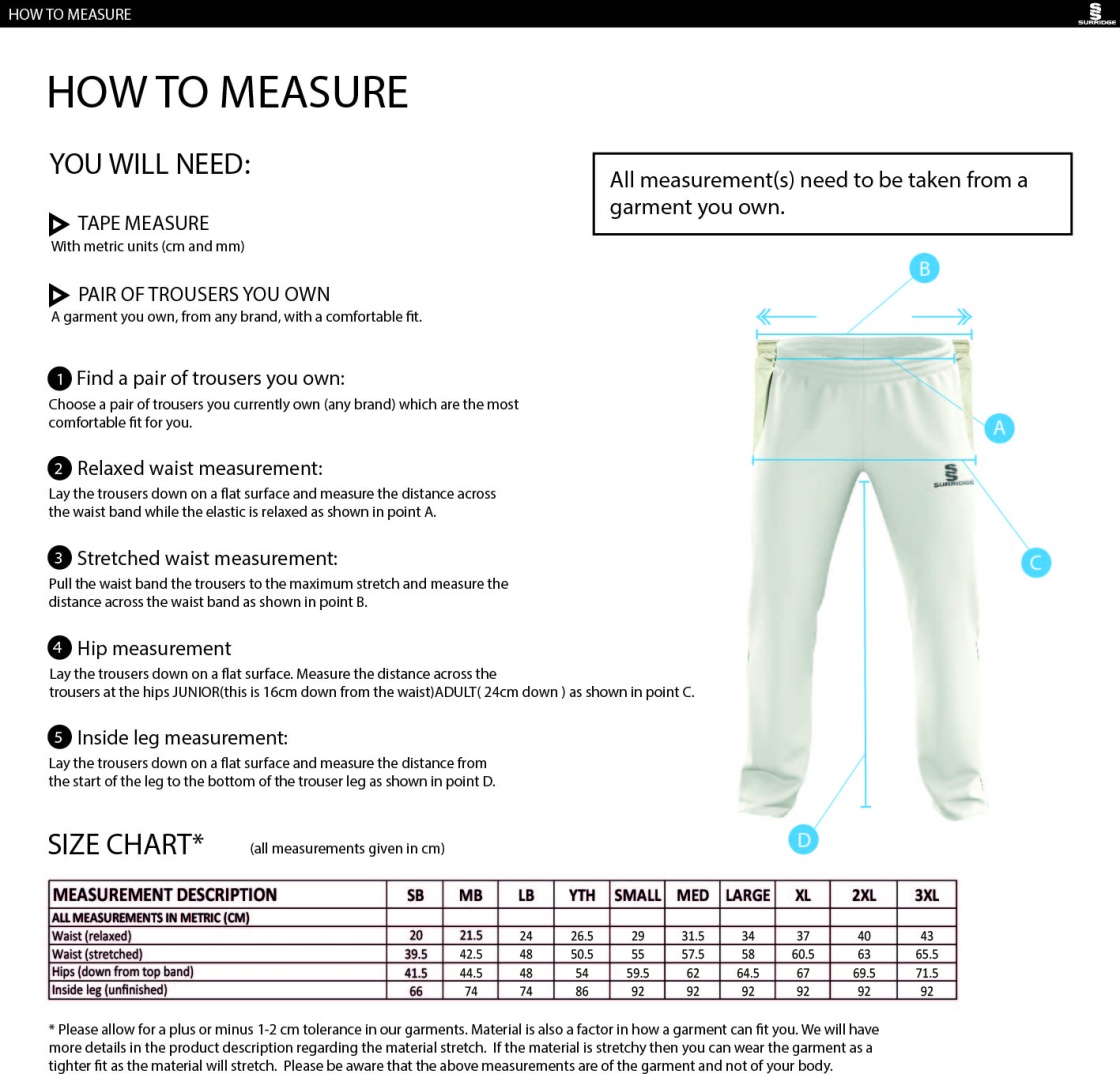 Electricity Sports CC - Standard Playing Pant - Size Guide
