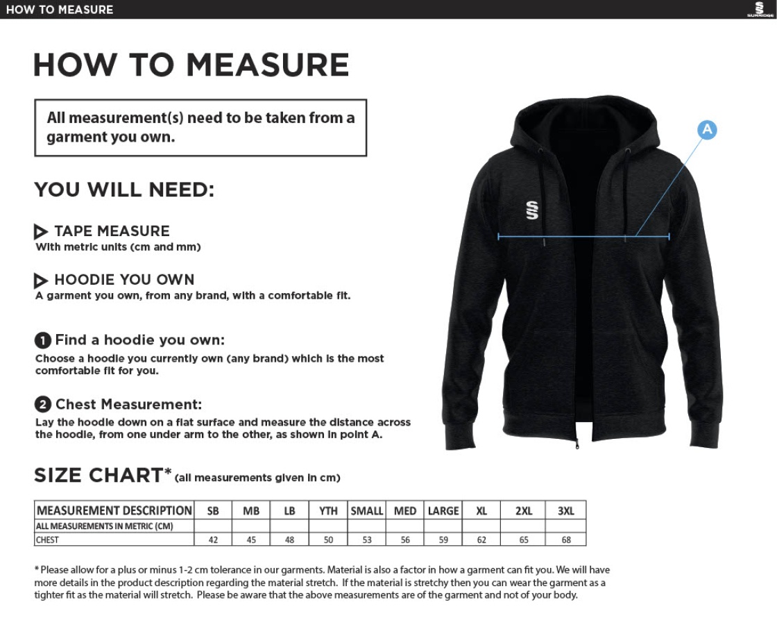 Electricity Sports CC - Dual full zip Hoodie - Size Guide