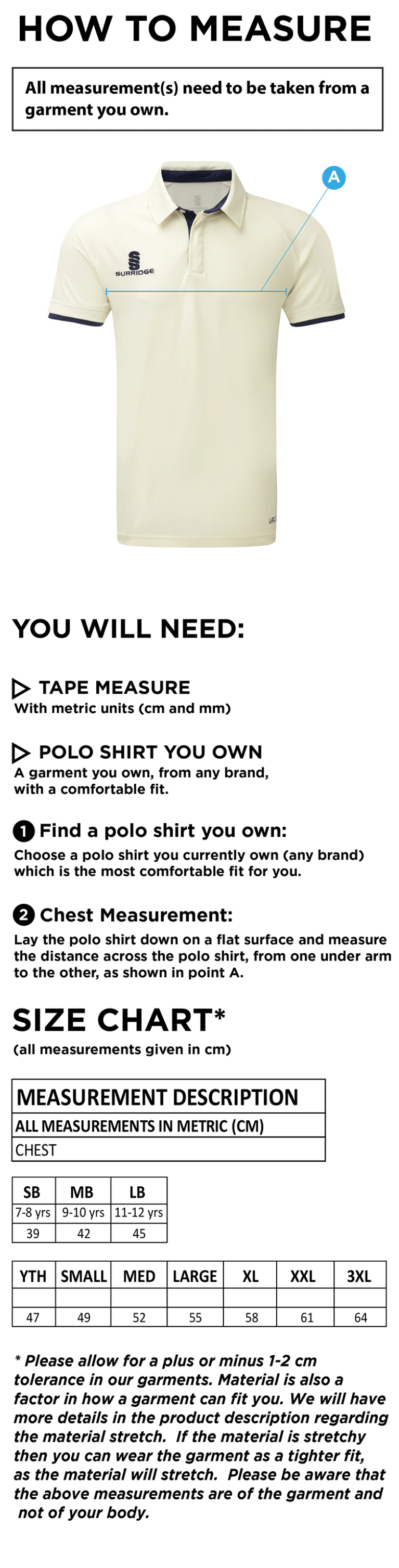 Electricity Sports CC - Short Sleeve Tek Shirt - Size Guide
