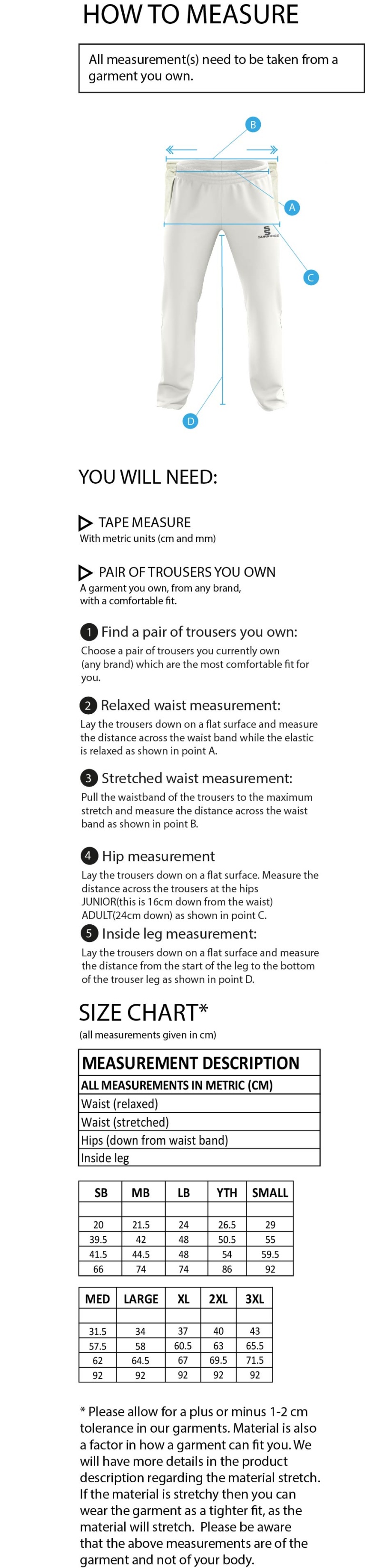 Electricity Sports CC - Standard Playing Pant - Size Guide