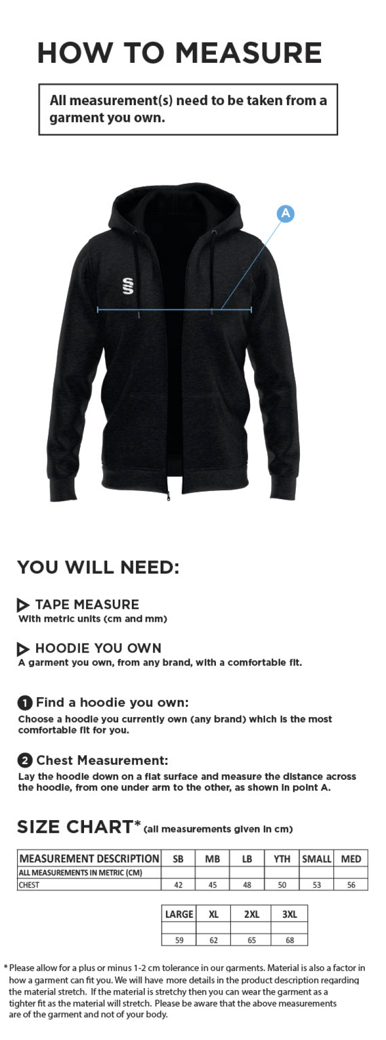 Electricity Sports CC - Dual full zip Hoodie - Size Guide