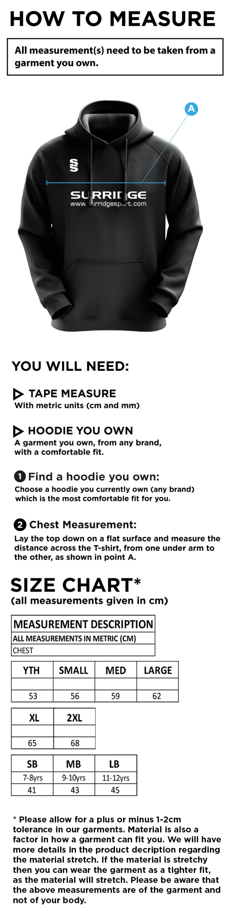 Electricity Sports CC - Blade Hoody - Size Guide