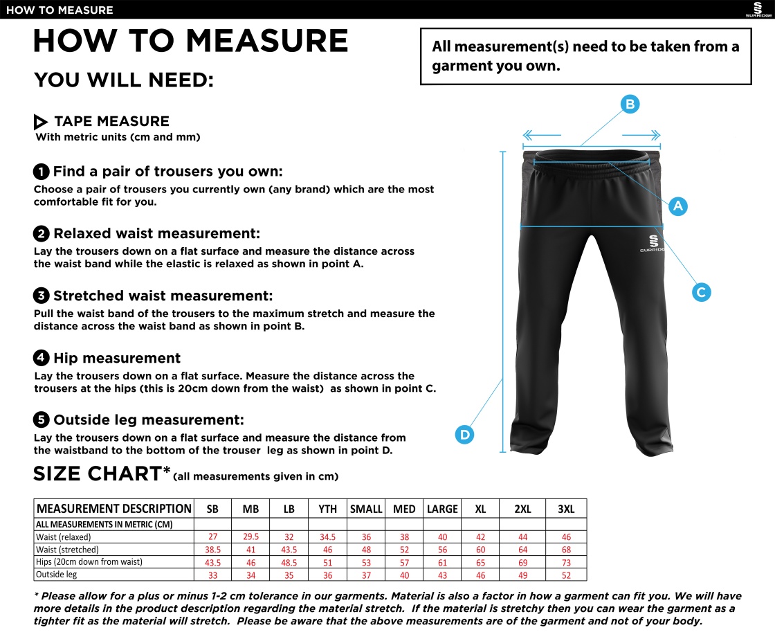 Electricity Sports CC - Ripstop Track Pant - Size Guide