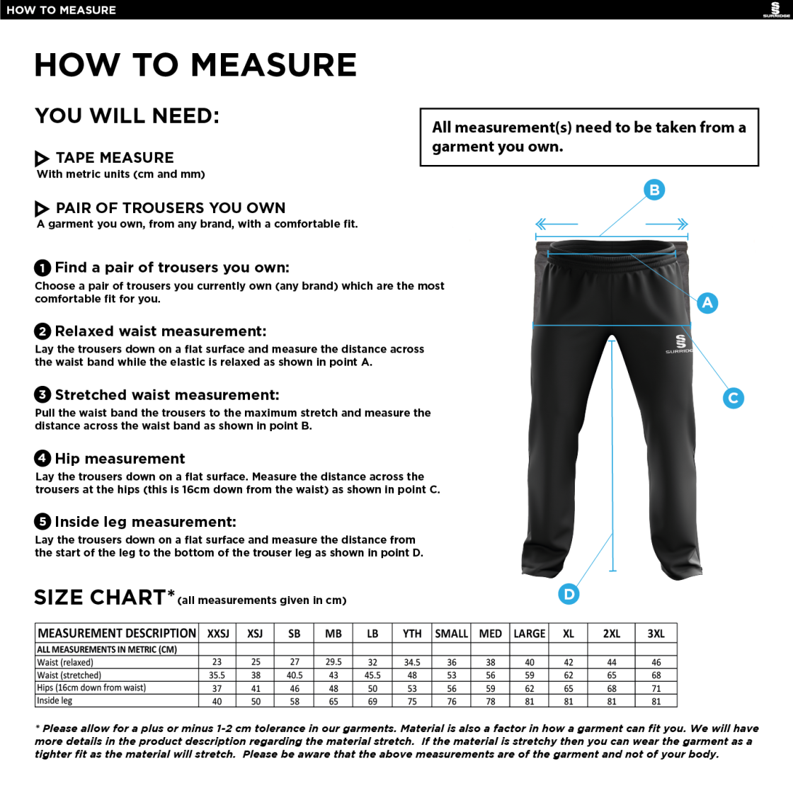 Electricity Sports CC - Poplin Track Pant - Size Guide