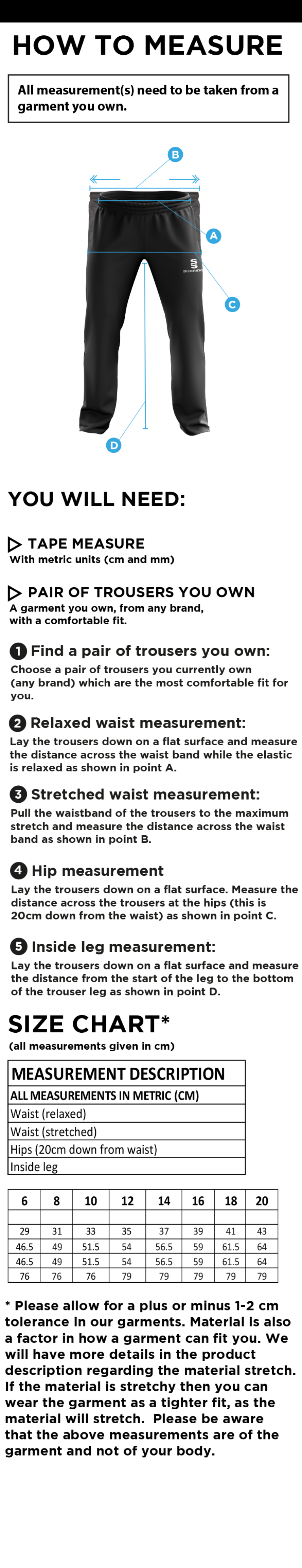 Electricity Sports CC - Women's Poplin Track Pant - Size Guide