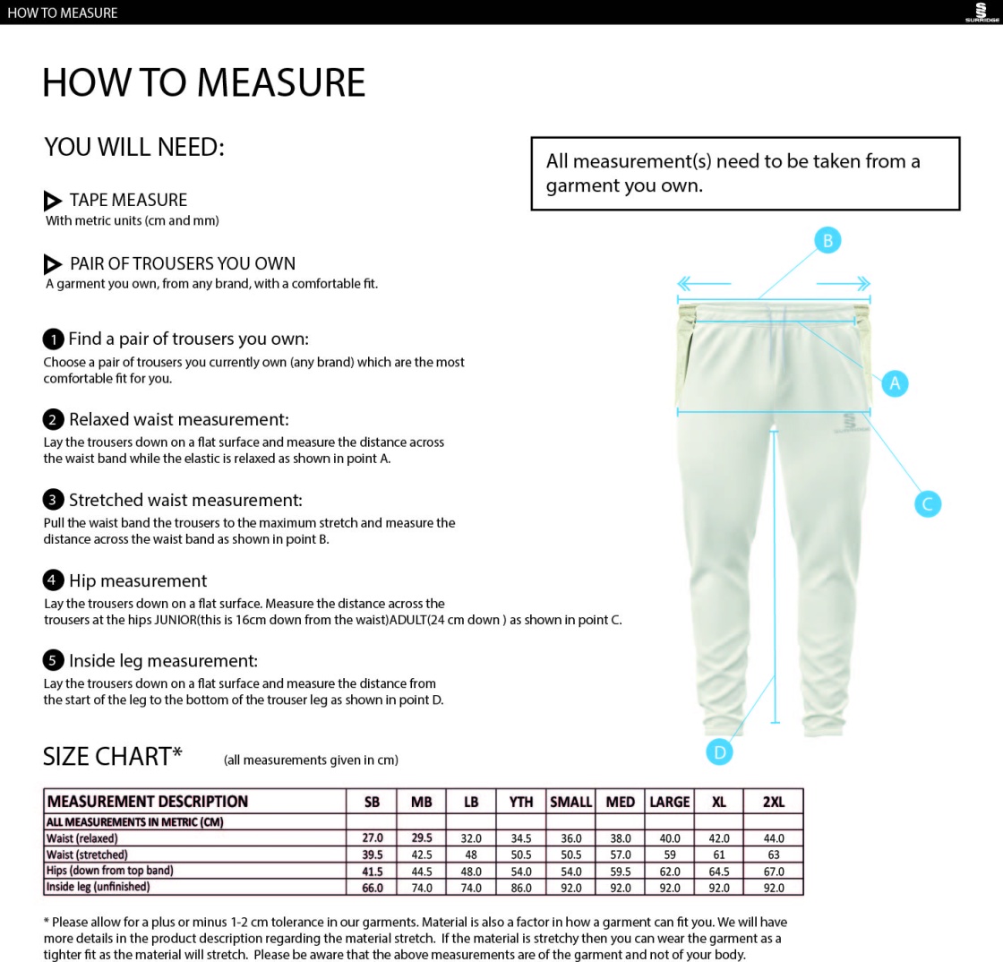 Electricity Sports CC - Tek Playing pants - Size Guide