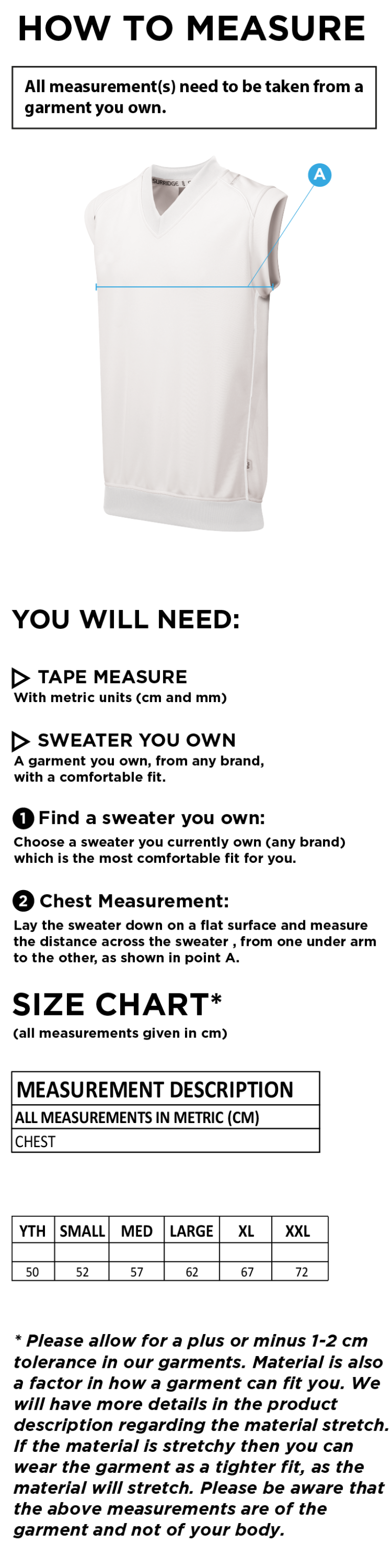 Electricity Sports CC - Sleeveless Sweater - Size Guide