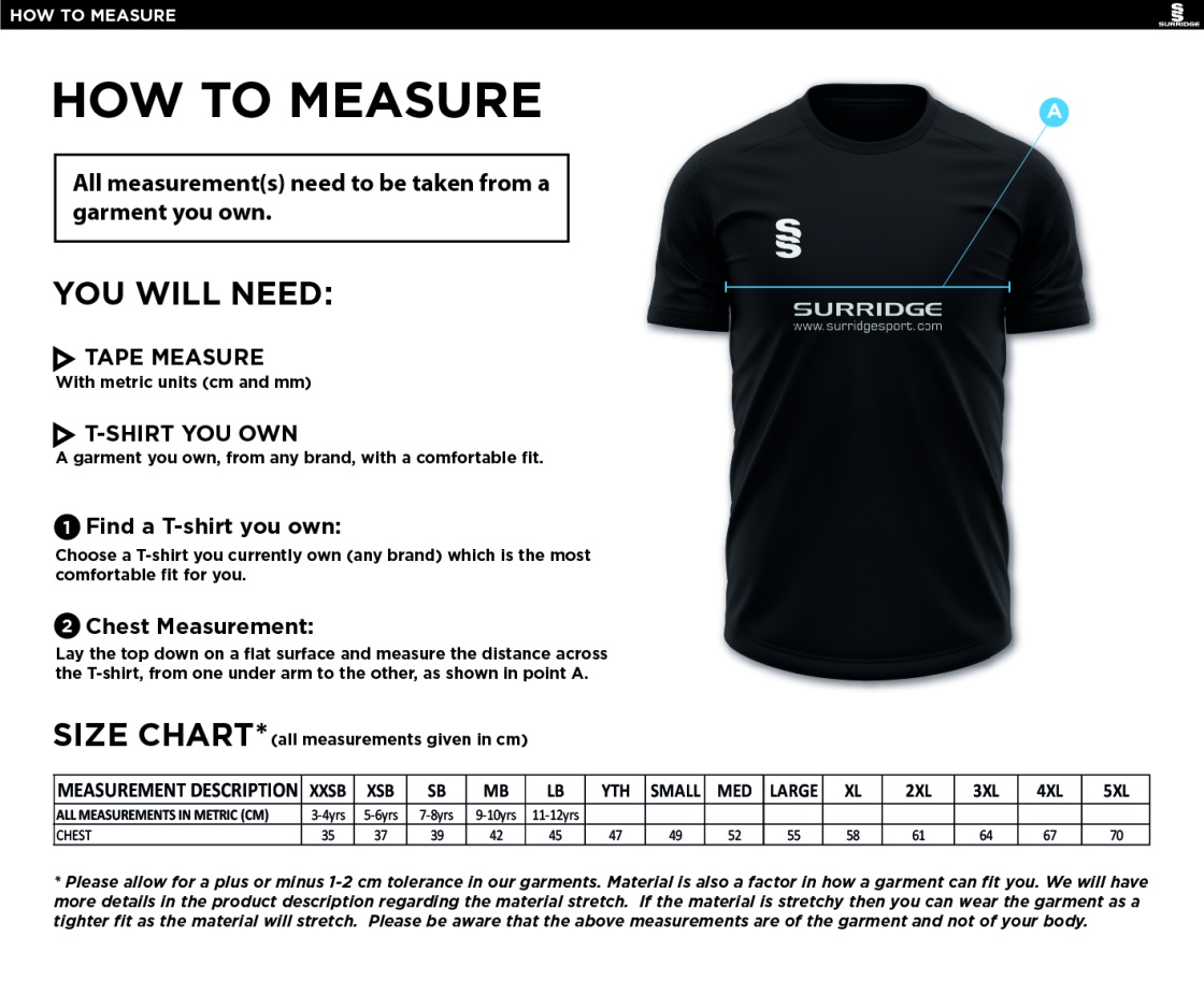 Electricity Sports CC - Blade Training shirt - Size Guide