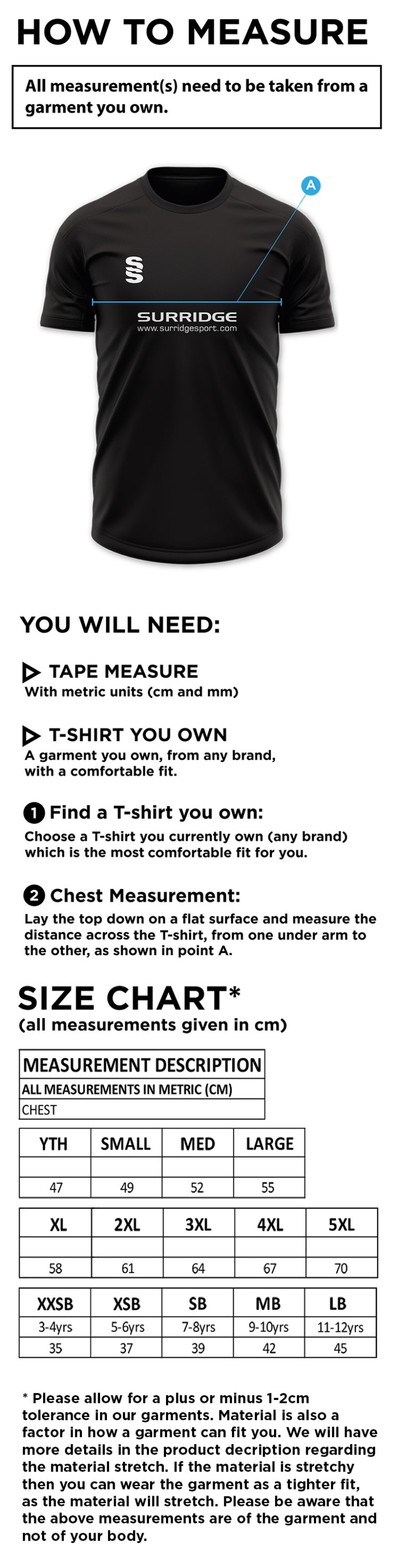 Electricity Sports CC - Blade Training shirt - Size Guide