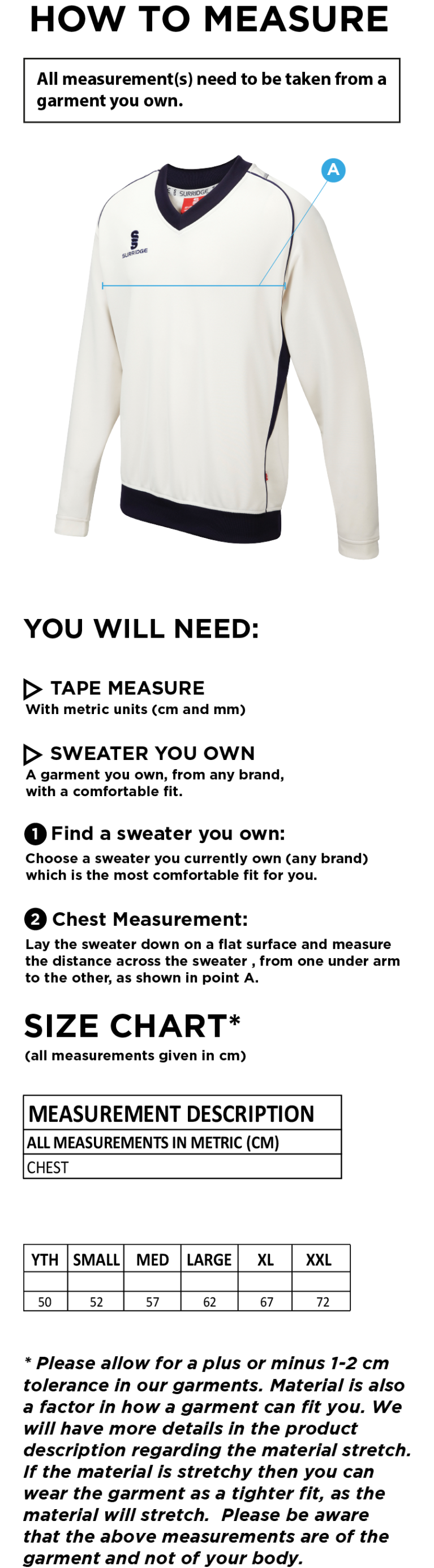 Electricity Sports CC - Long Sleeve Sweater - Size Guide