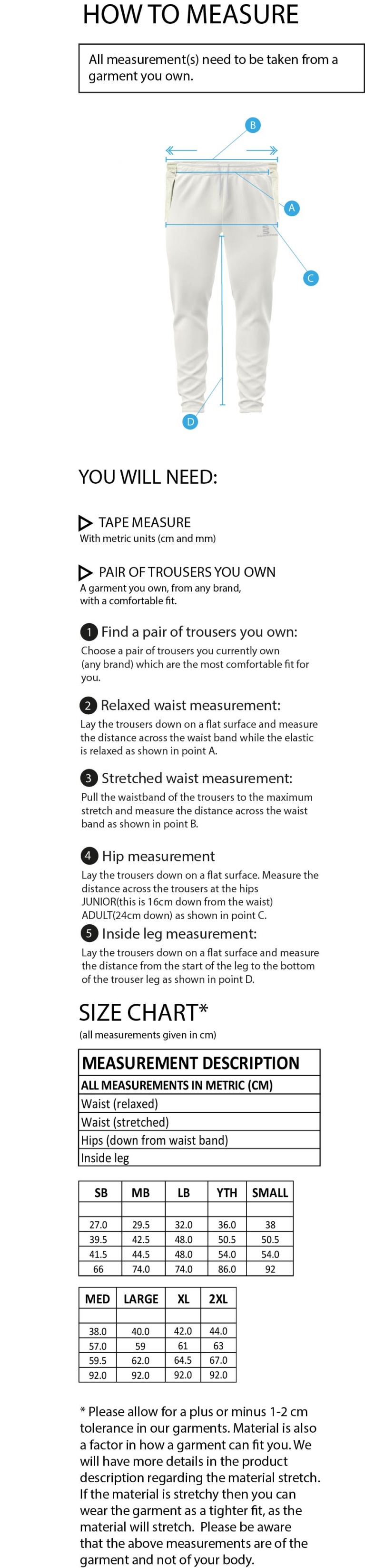 Electricity Sports CC - Tek Playing pants - Size Guide