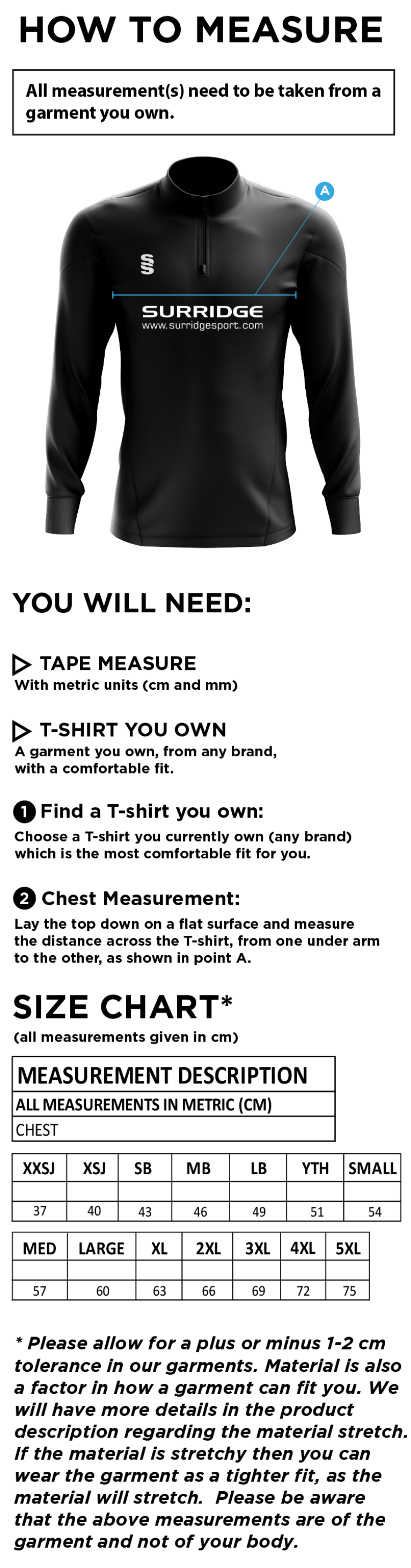 Electricity Sports CC - Dual Mid layer - Size Guide