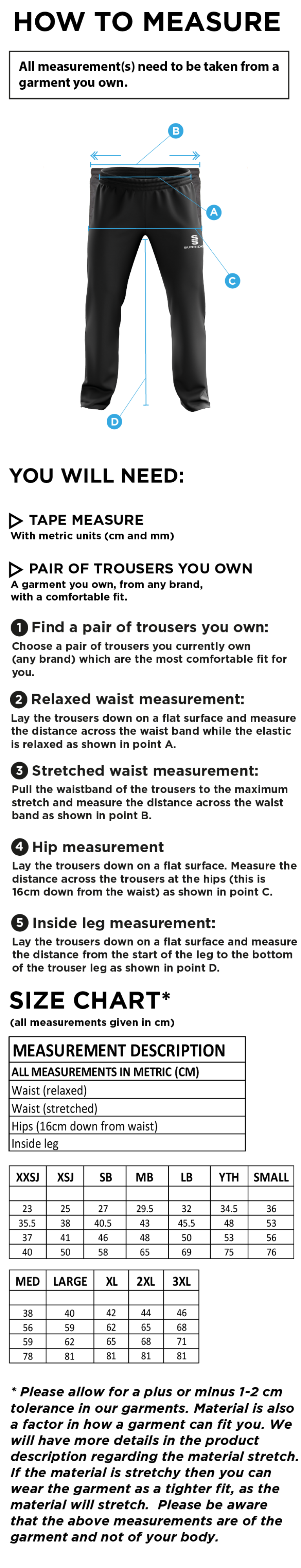 Electricity Sports CC - Poplin Track Pant - Size Guide