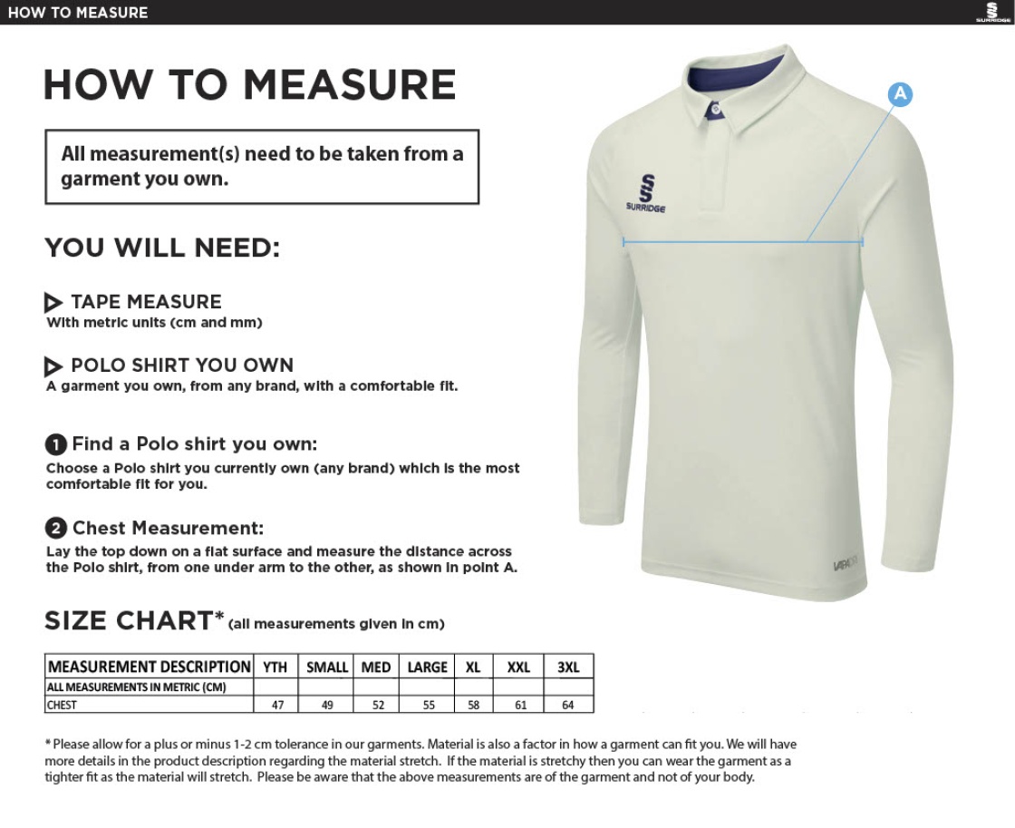 Electricity Sports CC - Ergo Long Sleeve Cricket Shirt - Size Guide
